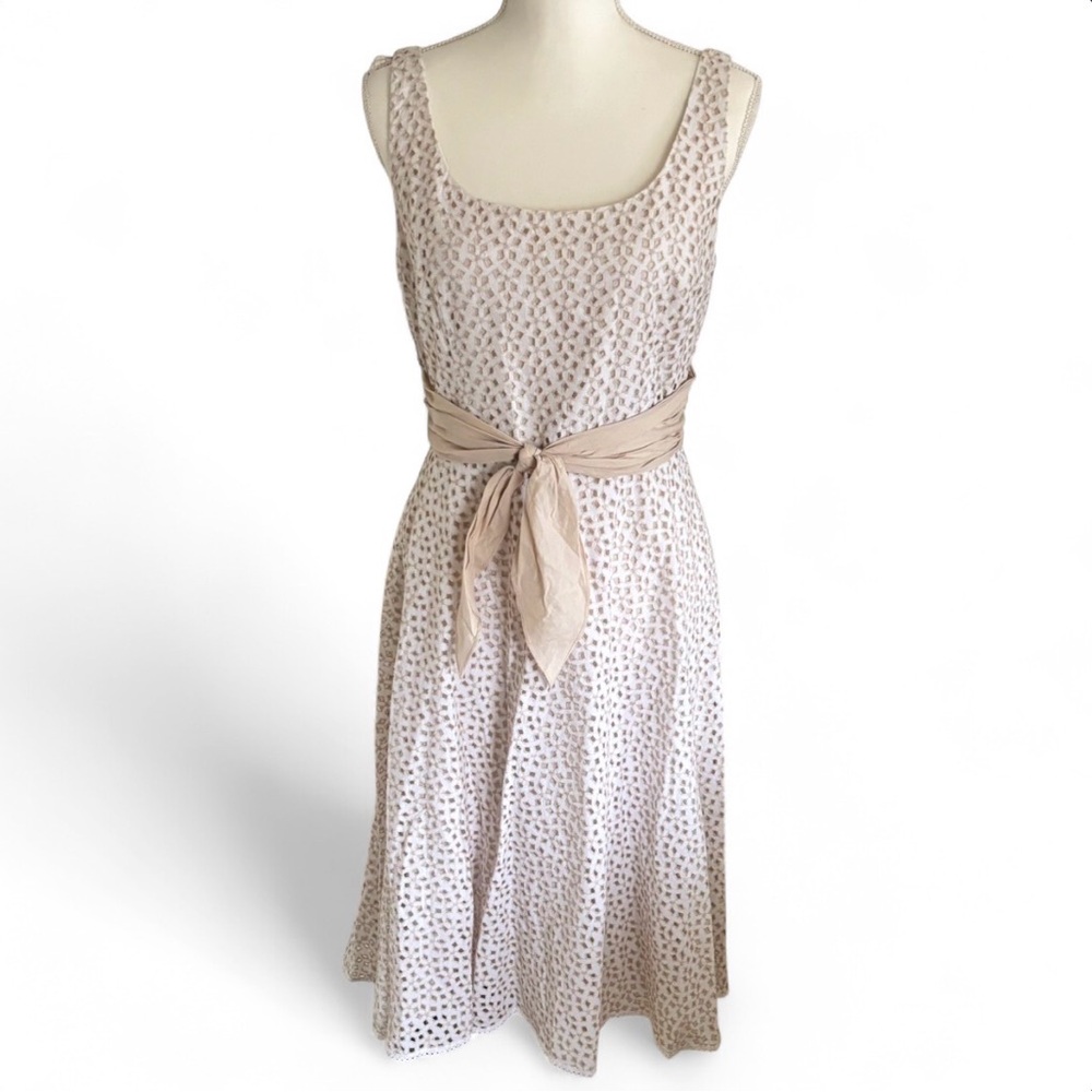 NWT Maggy London White Cream Beige Eyelet Midi Dress with Waist Tie Belt Sash 10